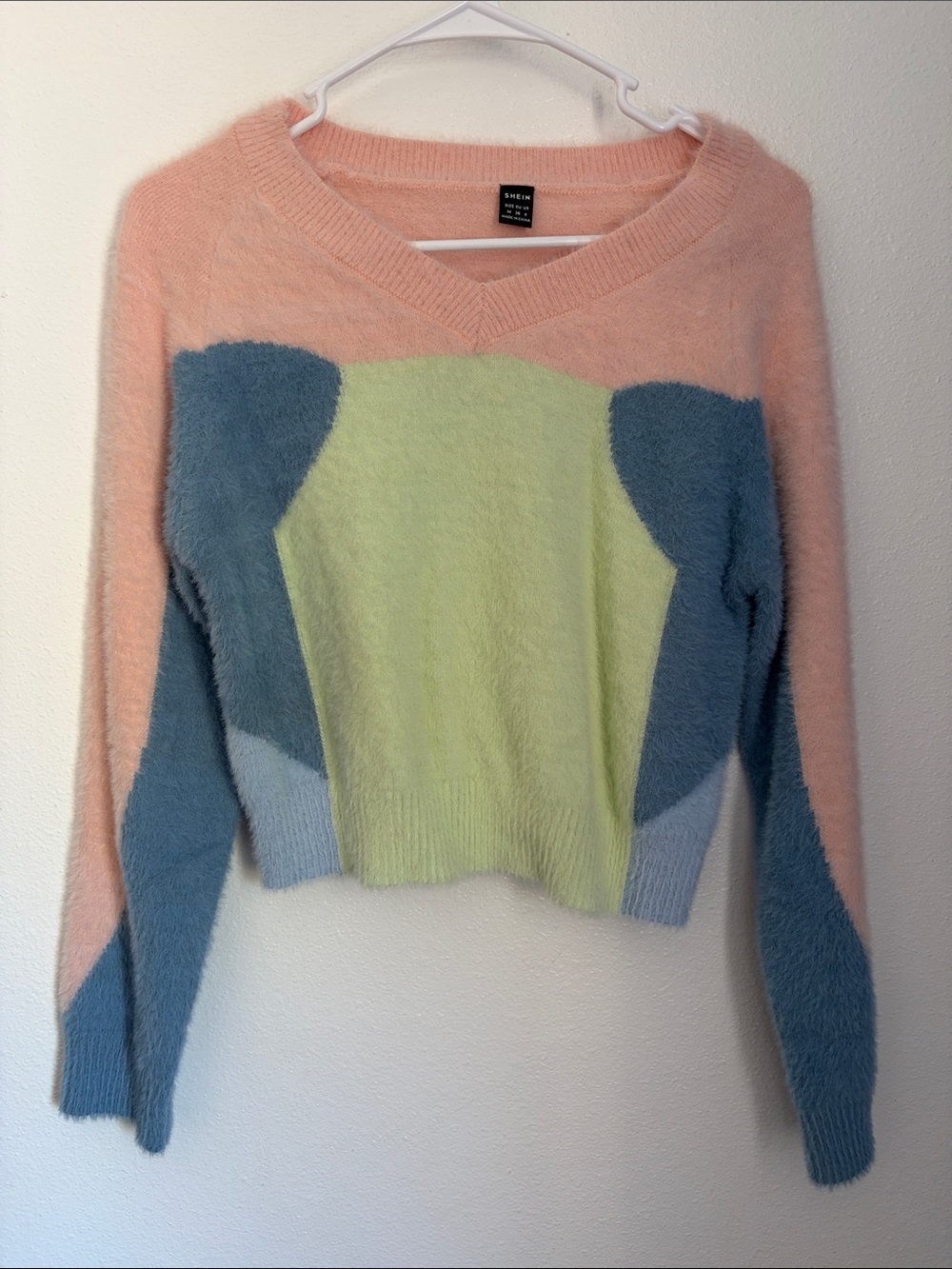 SHEIN Pastel Colorblock V-Neck Fuzzy Sweater - Pink/Blue/Green - NWOT